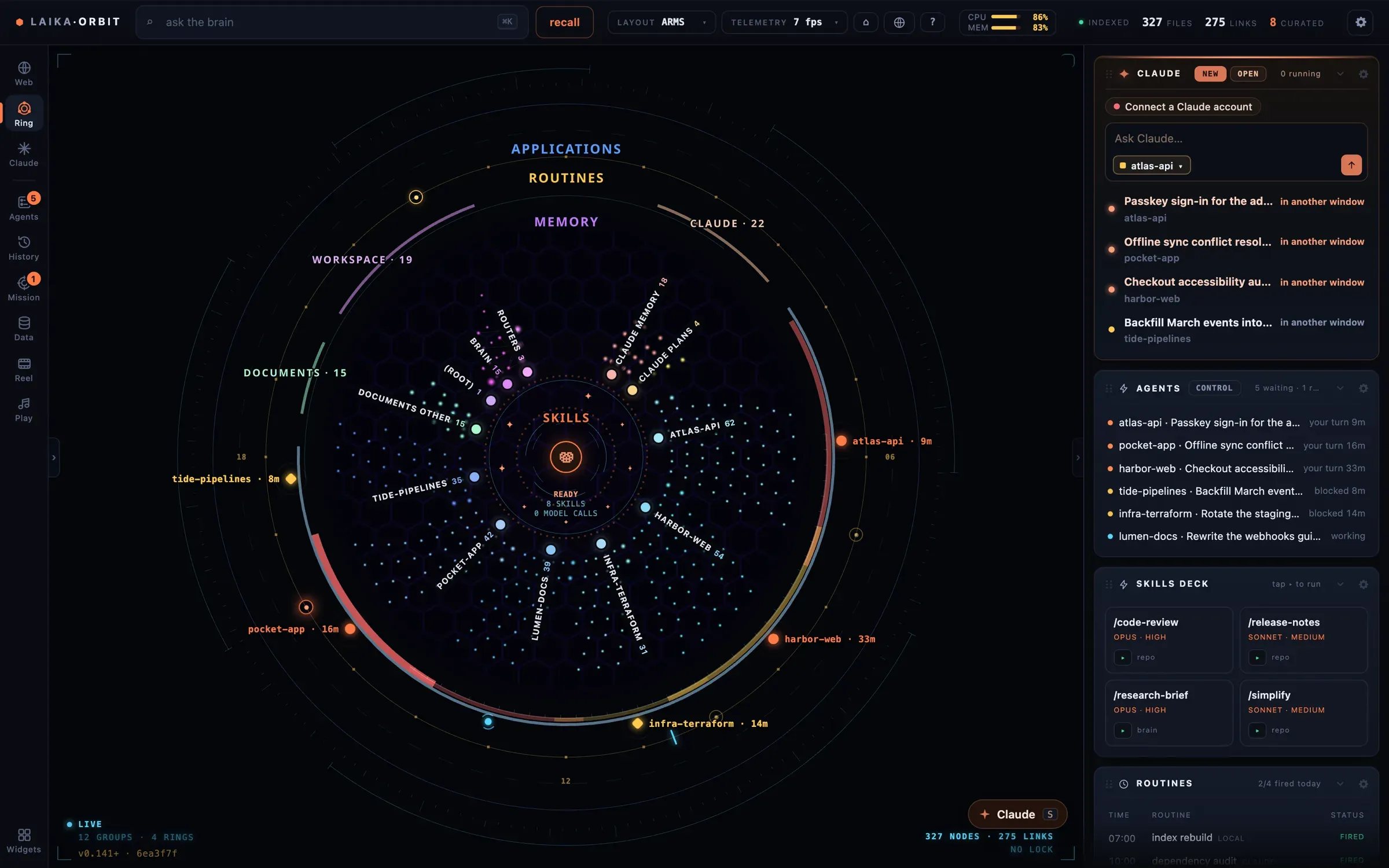 The knowledge map: files grouped in rings by kind, with repos around the edge