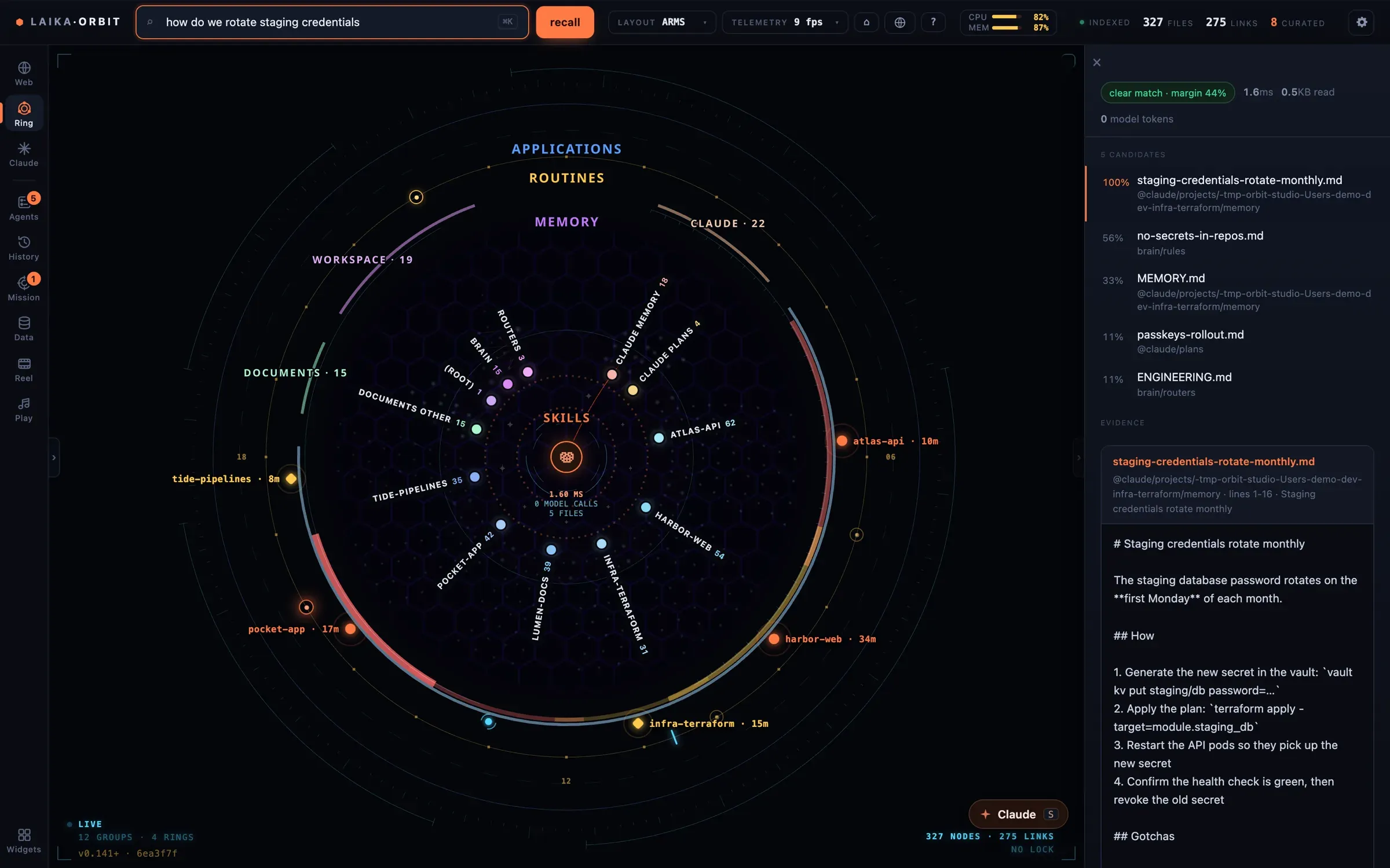 A recall search in Laika Orbit: ranked candidates, a confidence margin, and the matching section