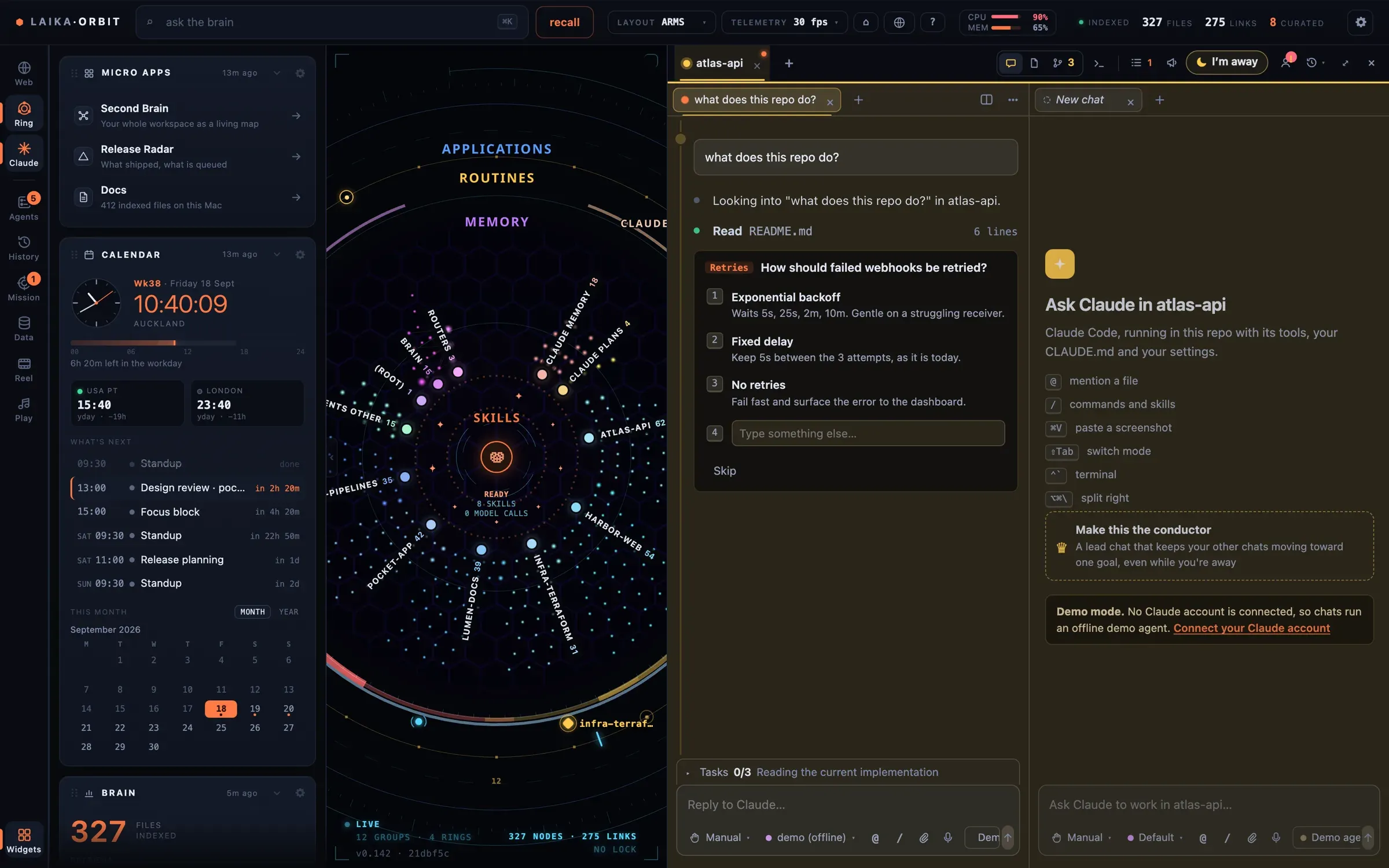 The side rails: micro apps, a calendar widget and an index summary beside the map