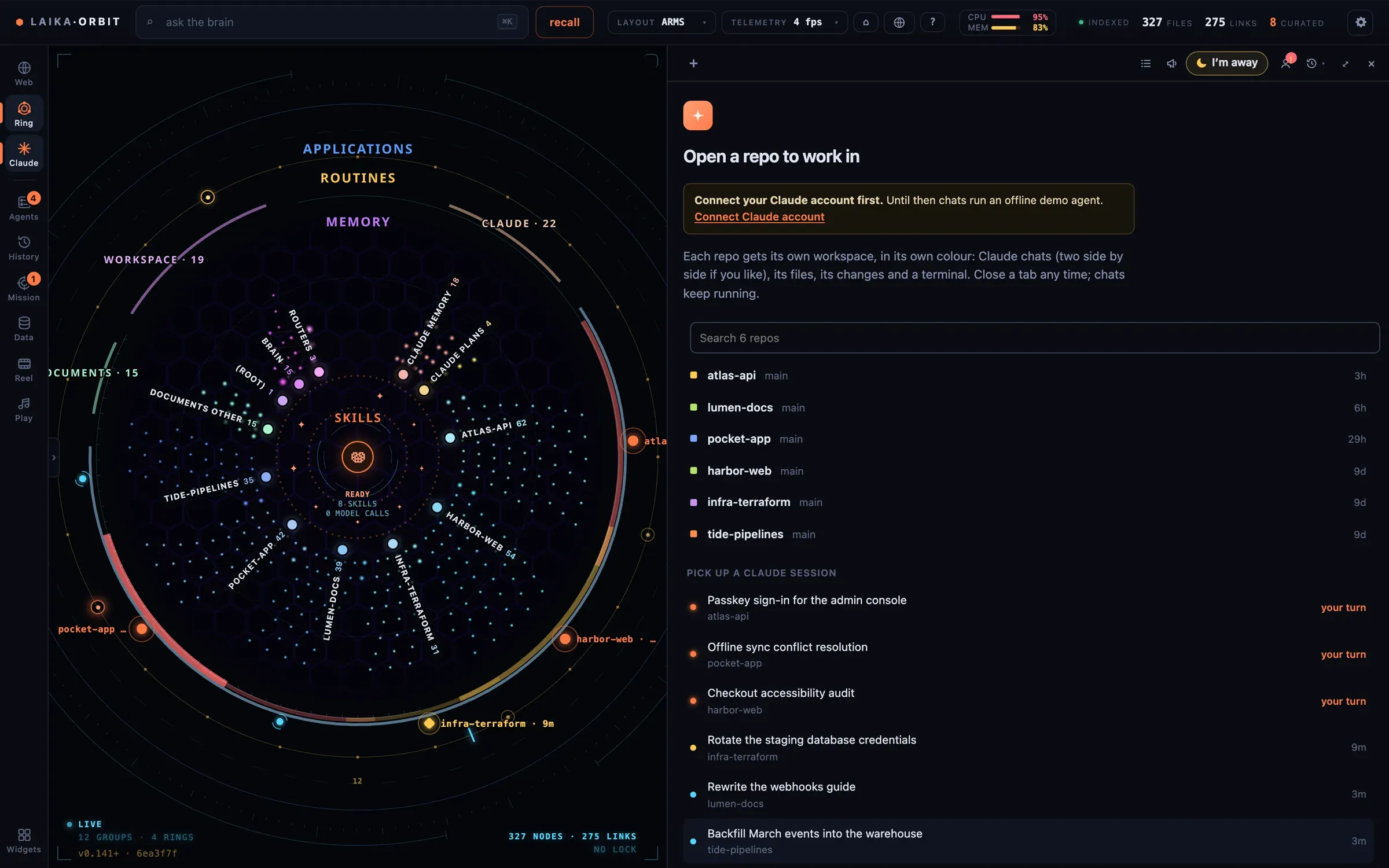 The Laika Orbit window: the knowledge map on the left, the Claude panel on the right